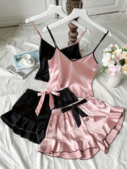 Women's Solid Color Pajama Set with Bow Suspender Shorts for All Seasons