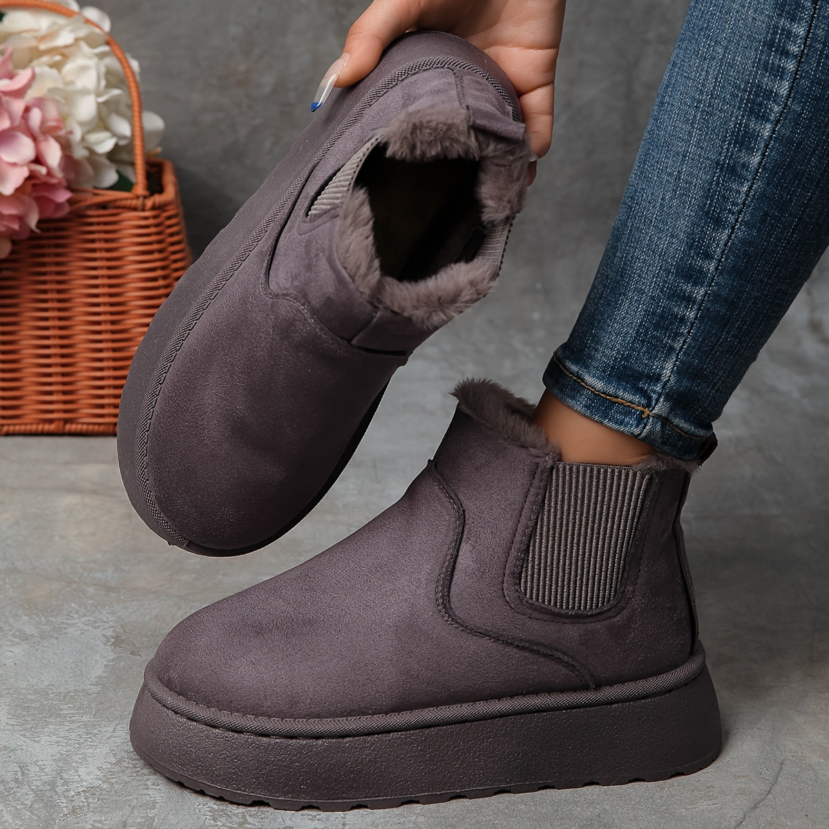 Women's Faux Fur Lined Ankle Boots with Thick Platform and Mid Heel