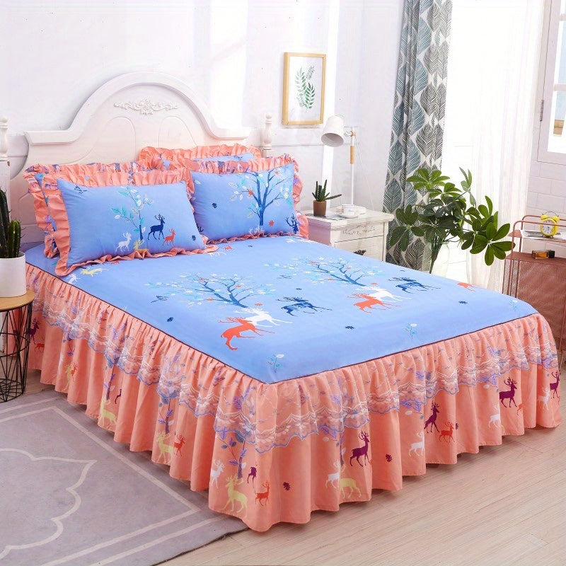 Set of 3 Soft Lace Macrame Bed Skirt and Pillowcase Floral Print Bedroom Decor