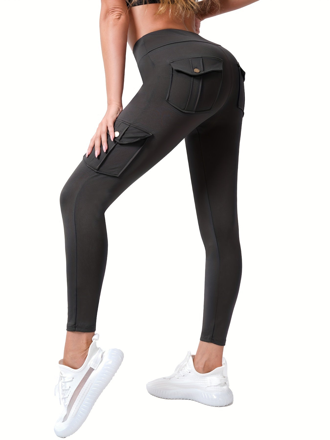 High Waist Leggings with Four Pockets Solid Color Mid Elasticity Knit Fabric for Women
