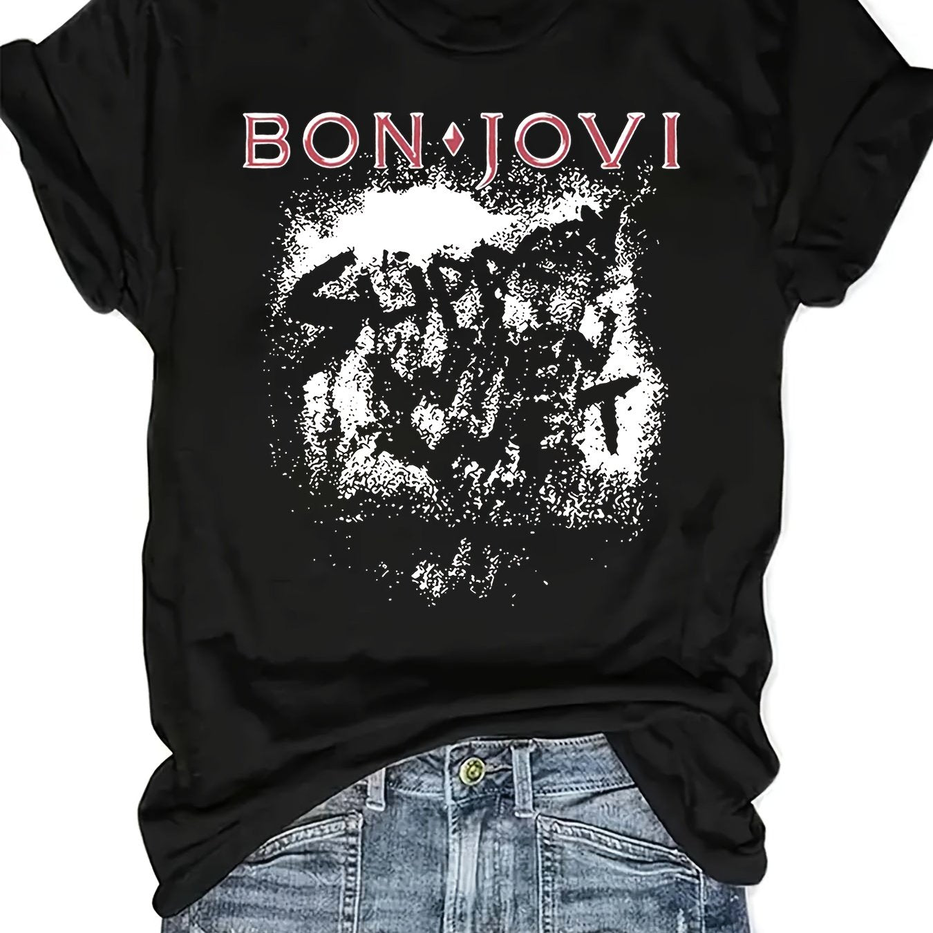 Plus Size Women’s Cotton Graphic T-Shirt with Distressed Lettering and Paint Splatter