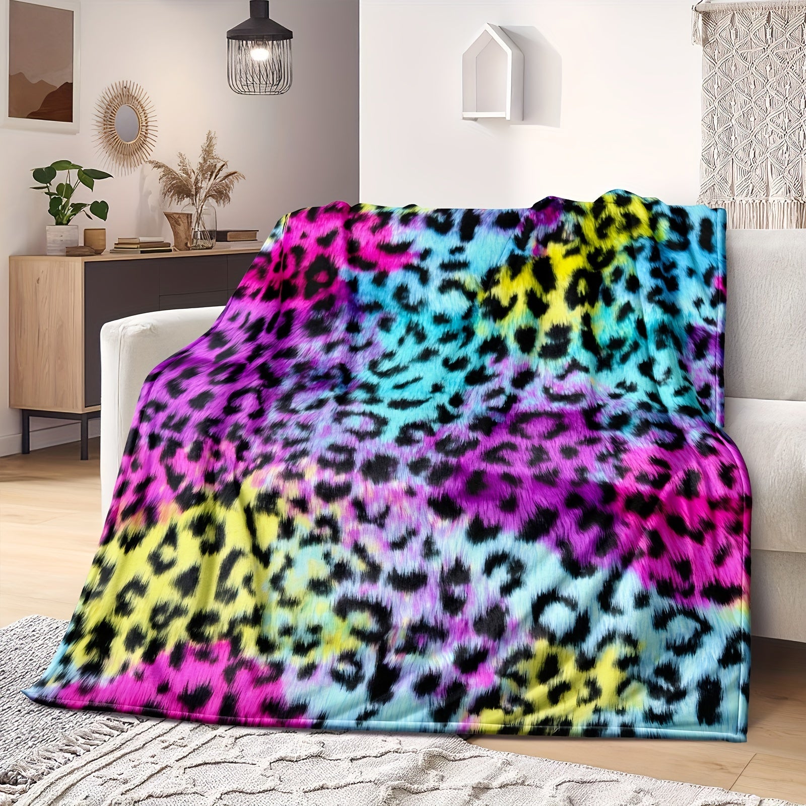 Colorful Fleece Blanket with Leopard Print and Rainbow Tie Dye for Bed Sofa Couch