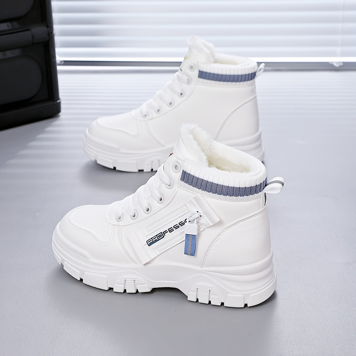 Women's Warm Winter High-Top Sneakers with Fleece Lining and Blue Straps