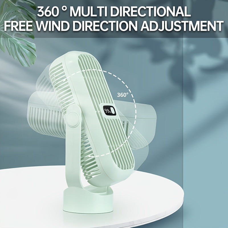 Raqamli displeyli portativ stol fanati, USB bilan qayta zaryadlanadigan, sozlanadigan havo oqimi