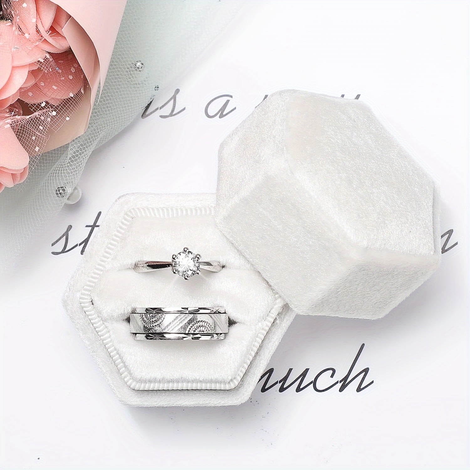 Винтажная стильная подарочная коробка для украшений для предложения, помолвки, свадьбы, шестиугольный двойной кейс для колец, бежевый