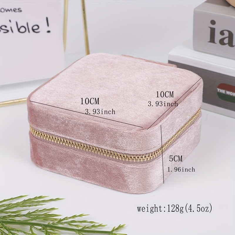 Velvet Jewelry Box with Mirror and Dual-Layer Zippered Storage for Accessories