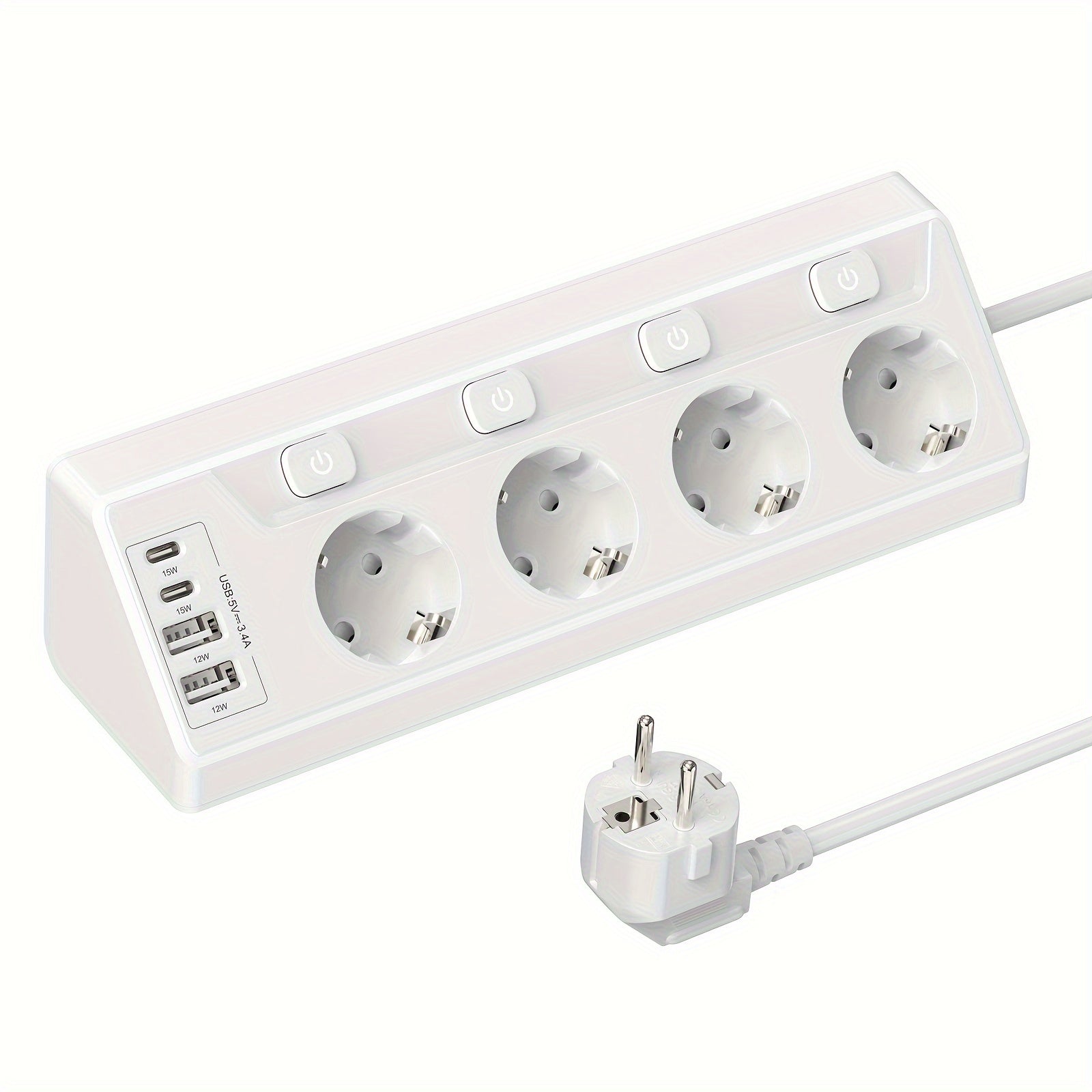 Multi-Socket Power Strip with USB and Type-C Sockets Surge Protection Stainless Steel Front 2m Cable