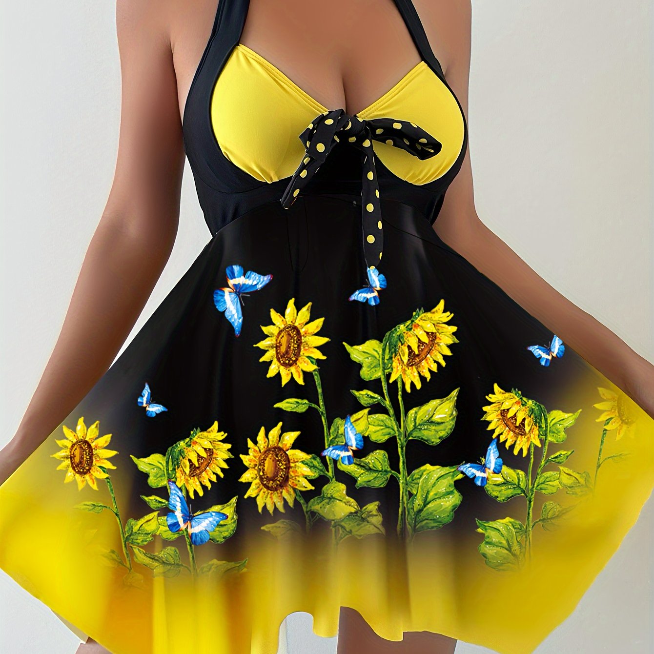 Women's Tankini Set with Sunflower Print and Dot Print Bottoms for Swimming