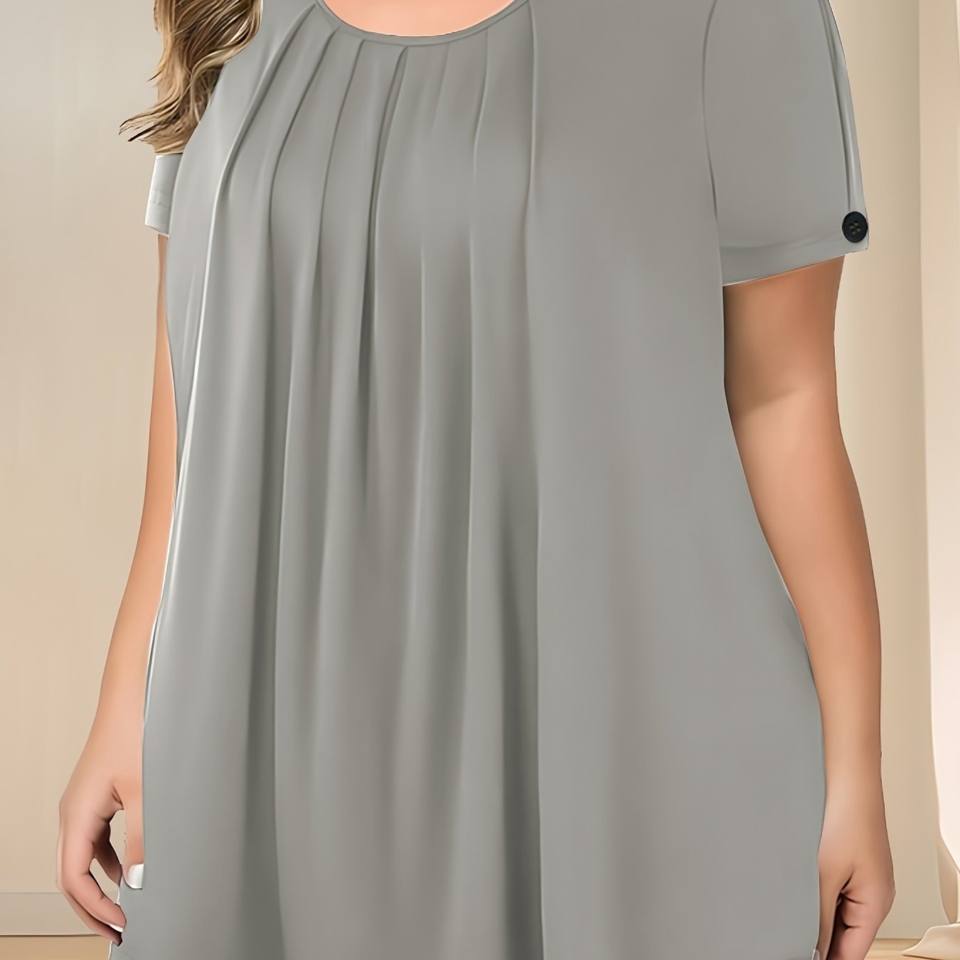 Camiseta de mujer de talla grande con pliegues y botones, verano casual de color sólido con cuello redondo