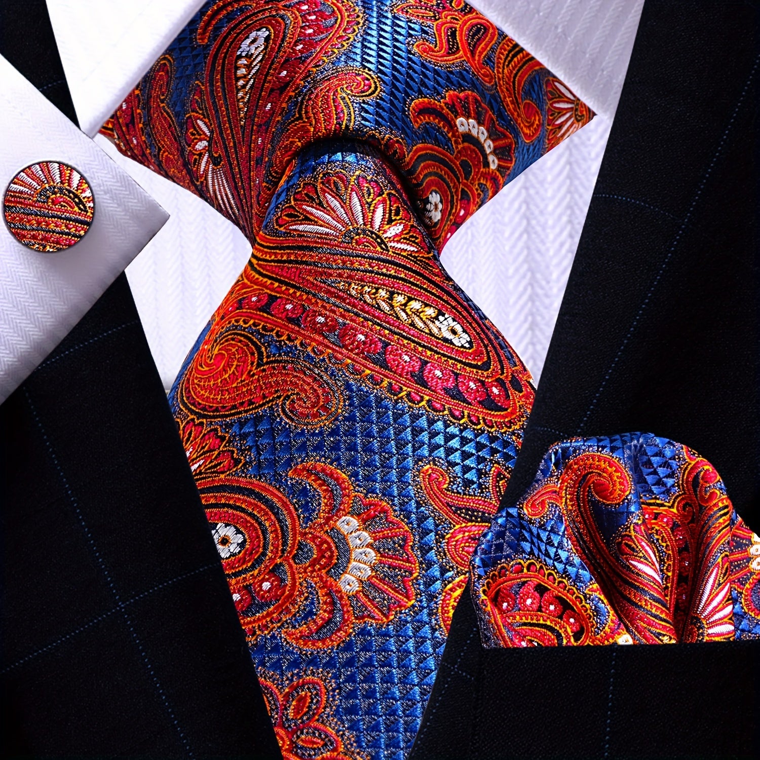 Men's Necktie Pocket Square Cufflinks Set for Wedding Business Party