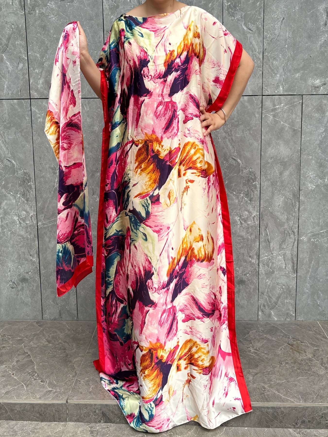 Plus Size Turkish Robe With Scarf Floral Print Batwing Sleeves