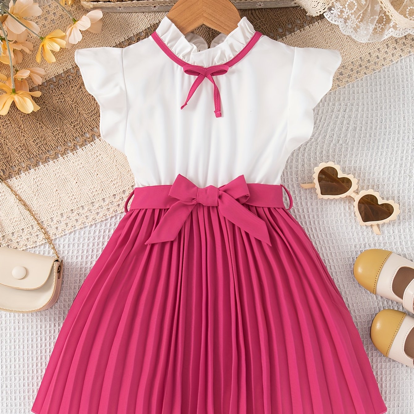 Girls Summer Dress with Polyester Knee-Length Pleated Skirt Stand Collar Sleeveless Ruffle Bow Casual