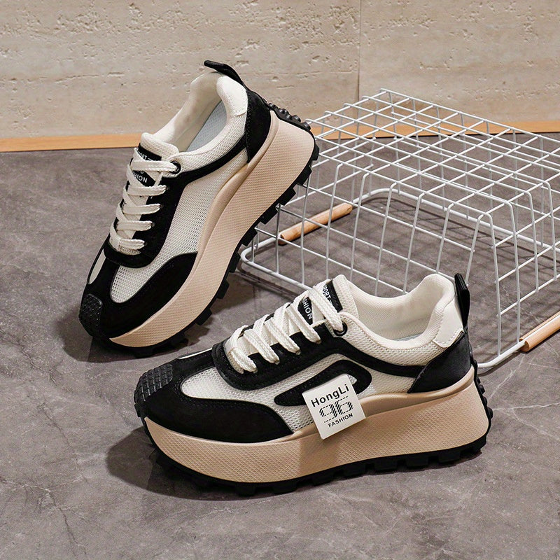Women's Breathable Lightweight Chunky Sneakers Casual Low-Top Shoes Black White