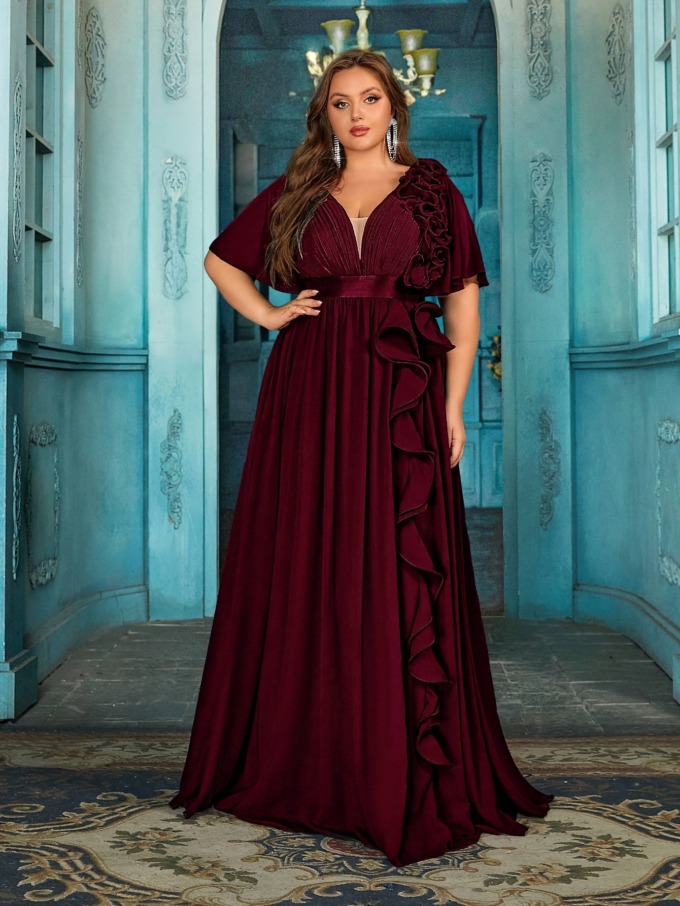 Plus Size Black Chiffon Evening Gown with V-Neck 3D Floral Ruffle Hem Short Sleeves Floor Length