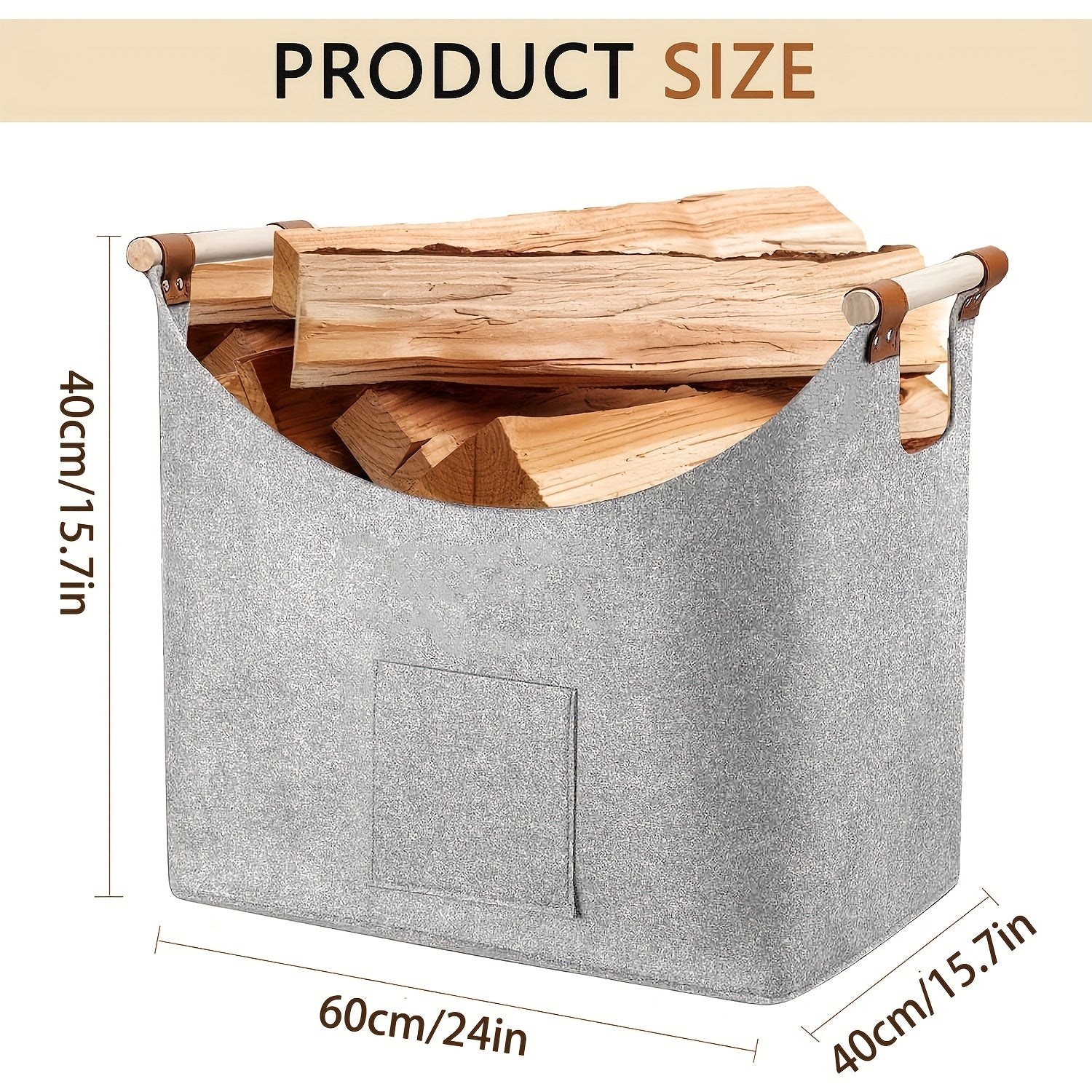 Складной и прочный светло-серый органайзер для покупок, дров, газет и дров с усиленной деревянной ручкой - 1 шт., корзина для хранения дров из очень толстого фетра