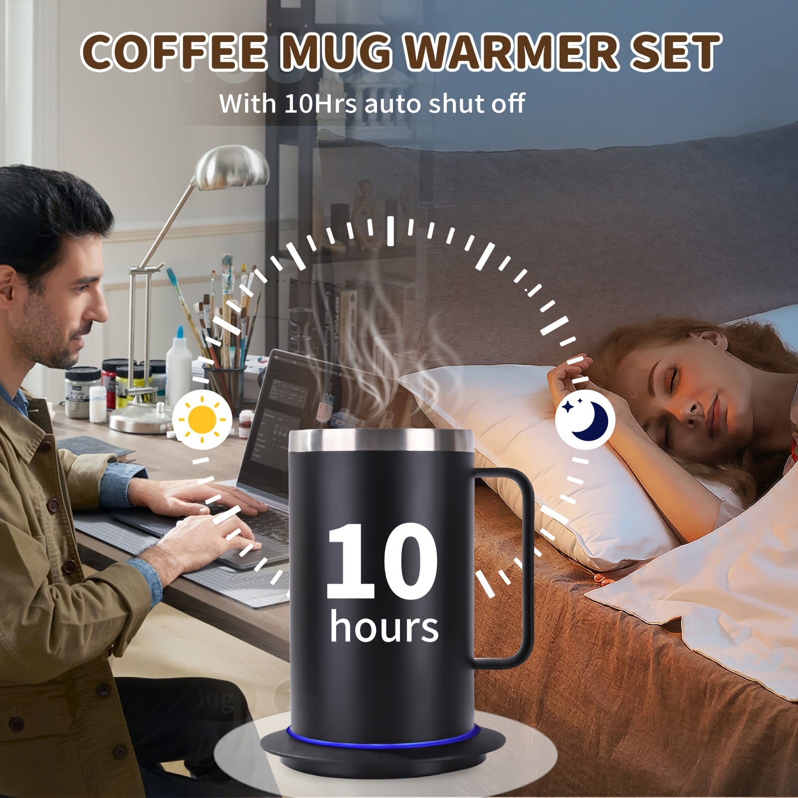 Large Stainless Steel Heated Coffee Mug with Lid USB Portable Hot Drink Keeper