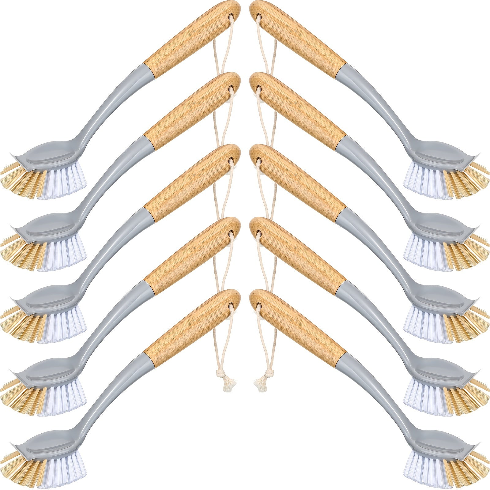 Juego de 10 cepillos de bambú largos para platos con raspador para sartenes, ollas y fregaderos
