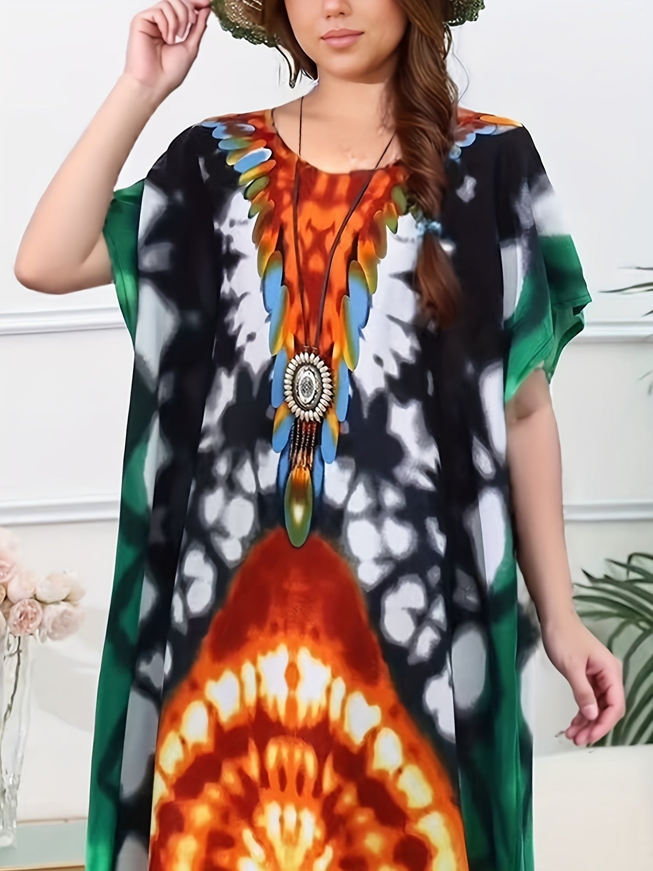 Plus Size Bohemian Printed Maxi Dress Beach Cover-Up Loose Fit Over Bikini