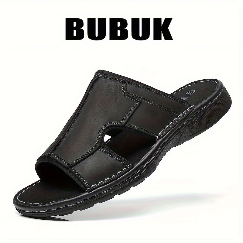 Men's Leather Slide Sandals Non-Slip Sole Open-Toe Casual Beach Outdoor