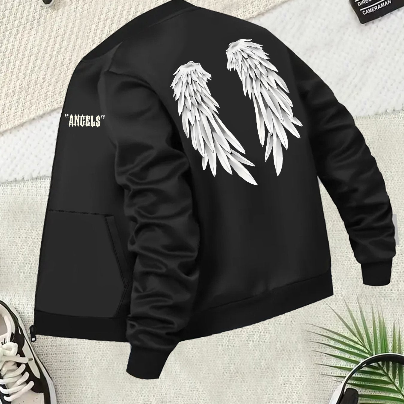 Plus Size Women's Casual Baseball Collar Jacket with Angel Wing Print Black White Contrast