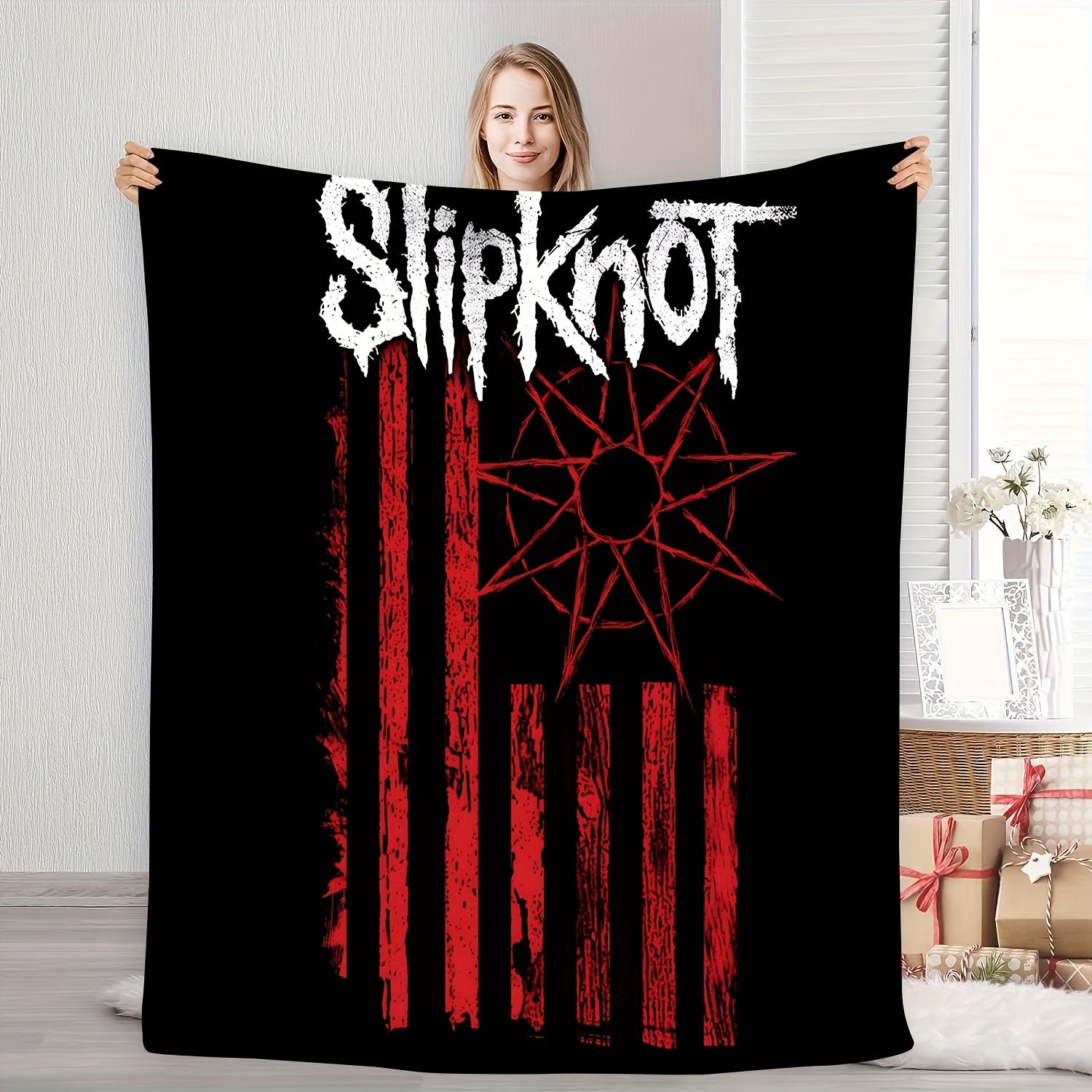 One Piece Slipknot Band Throw Blanket with Red Stripe Lettering Woven Polyester Stain Tear Resistant All-Season