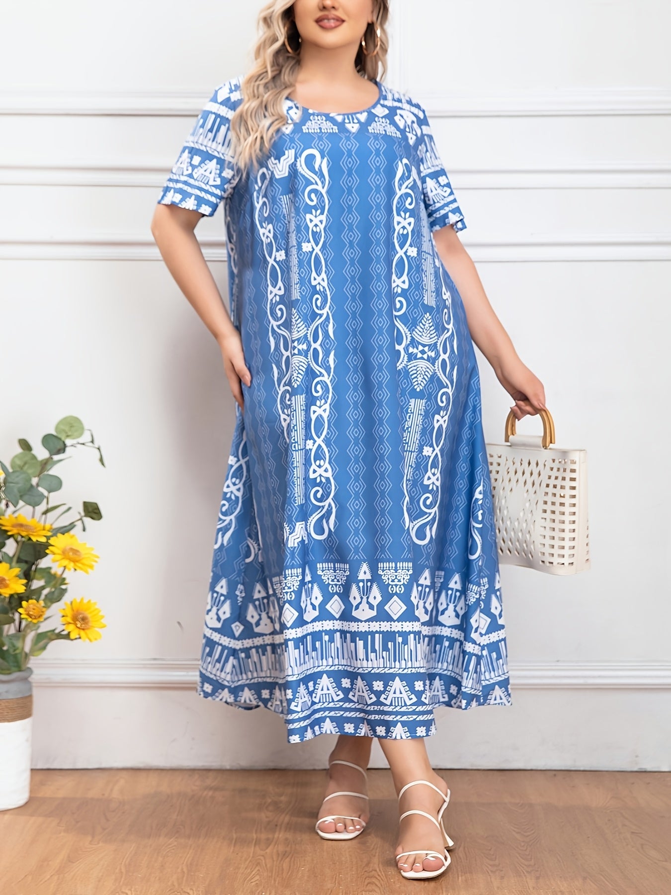 Women's Plus Size Tunic Dress Polyester Middle Eastern Print Casual All-Season