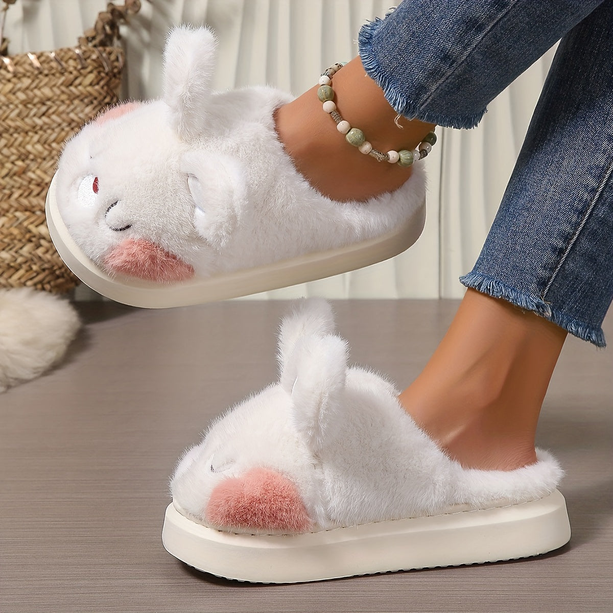 Women's Cozy Cartoon Bunny Slippers Indoor Warm Slip-On Shoes