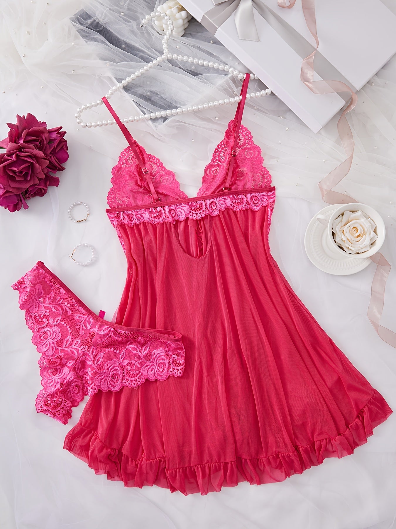 Lingerie Set Lace Spliced Chemise with Ruffle Detail Polyamide Elastane Mid-Rise Briefs