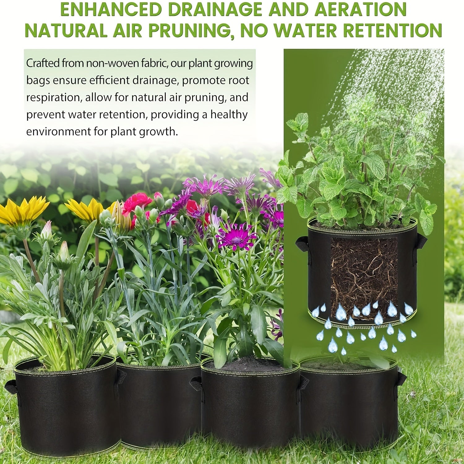 Set of 5 Thickened Non-Woven Planting Bags for Gardening Indoor Outdoor 11.36L 18.93L 26.5L 37.85L