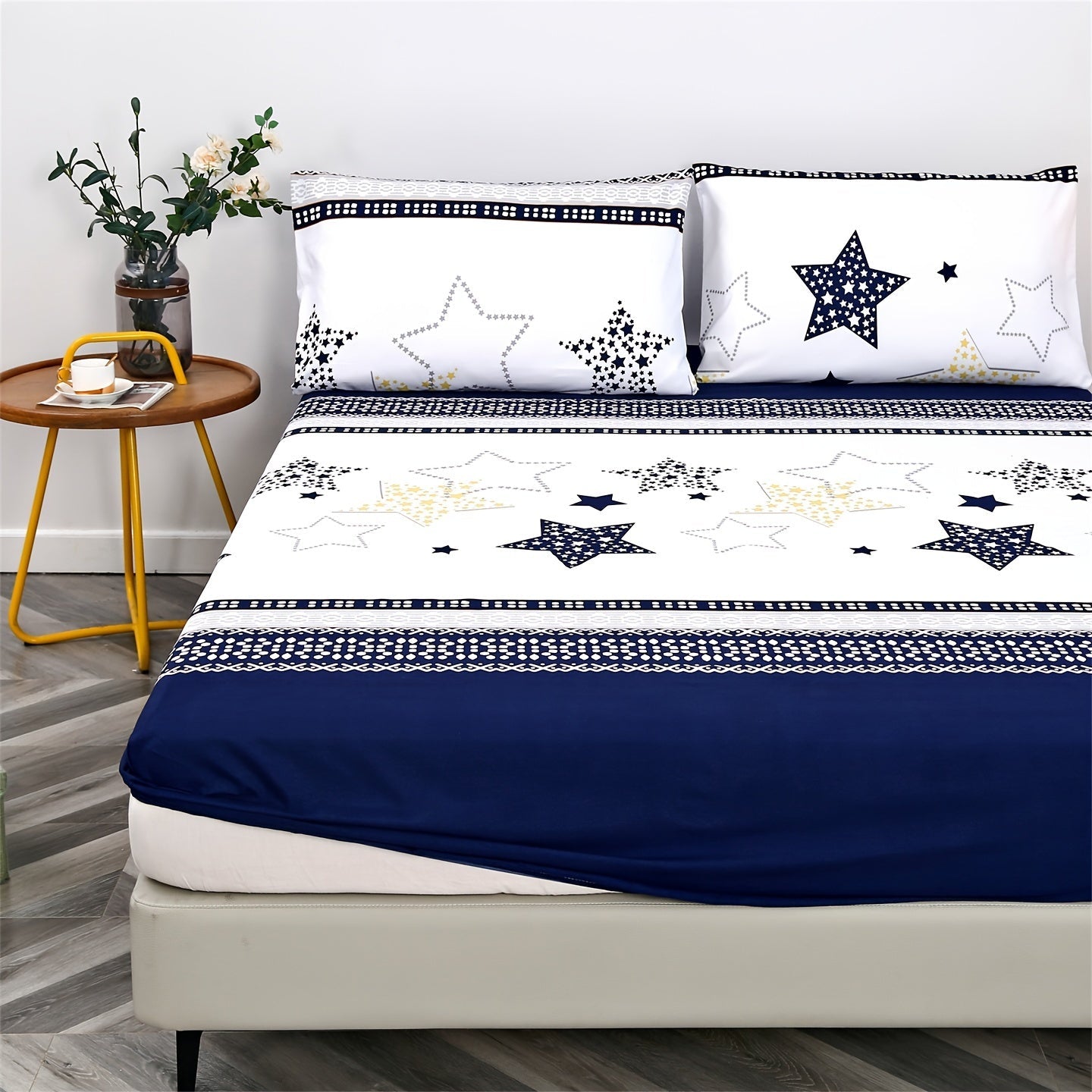 Conjunto de ropa de cama con estrella geométrica y gráfico de líneas, 3 piezas, sábana ajustable y fundas de almohada