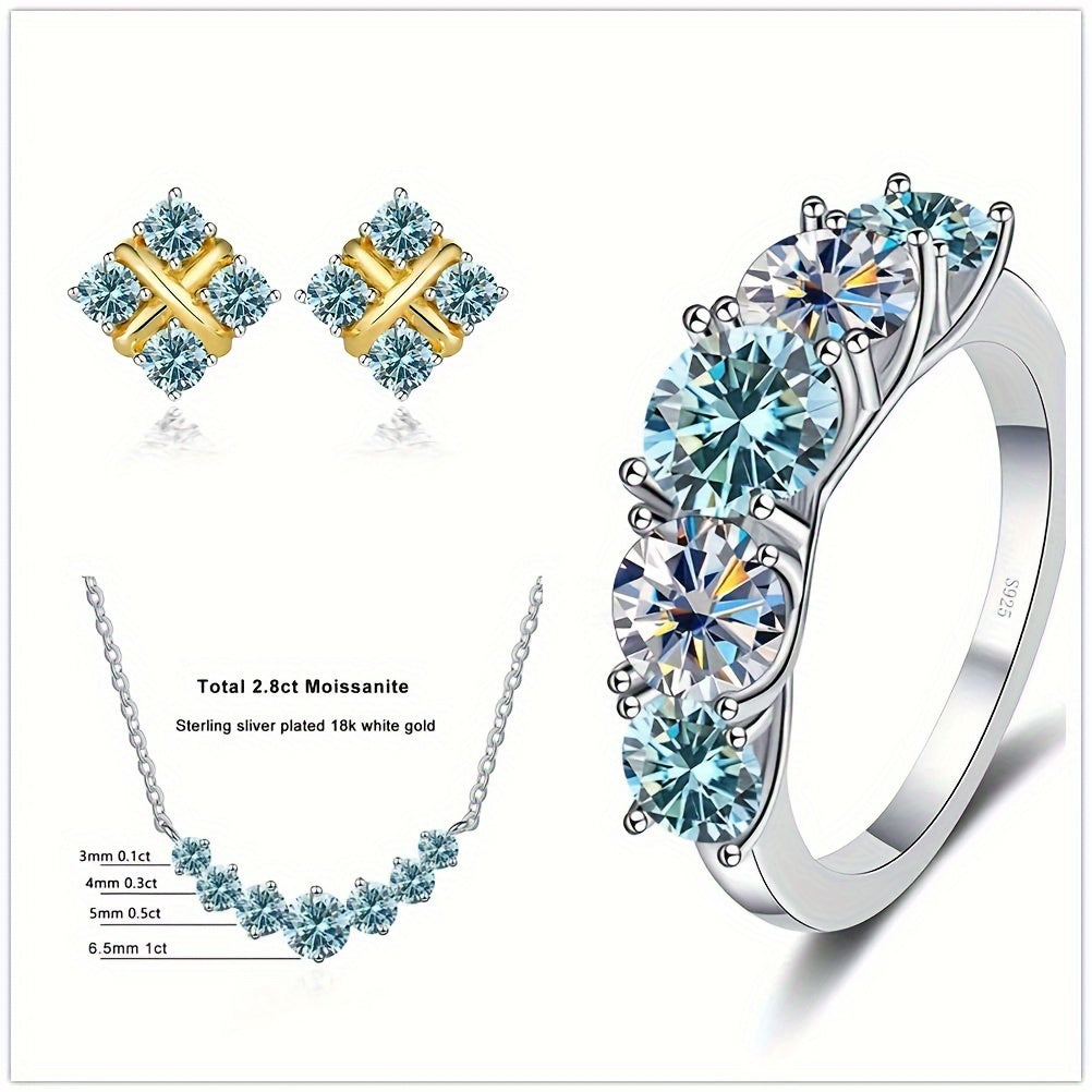 Sterling Silver 4-Piece Jewelry Set with Moissanite Necklace Earrings Ring Gift for Holidays