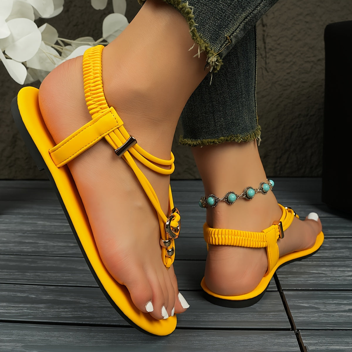 Women's Boho Flat Sandals Elastic Strap Slip-On Casual Beach Shoes