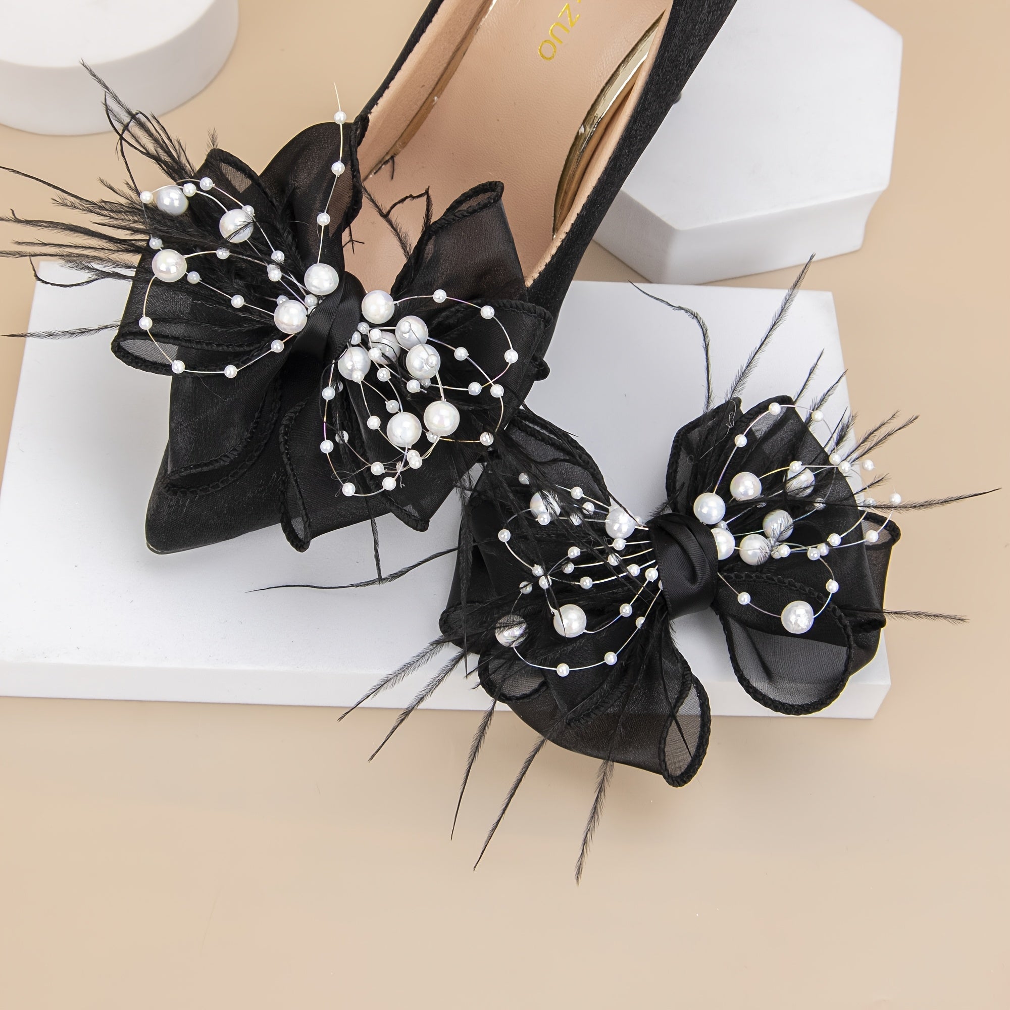 Women Polyester Mesh Bowknot Shoe Clips Beads Wedding Party Accessories