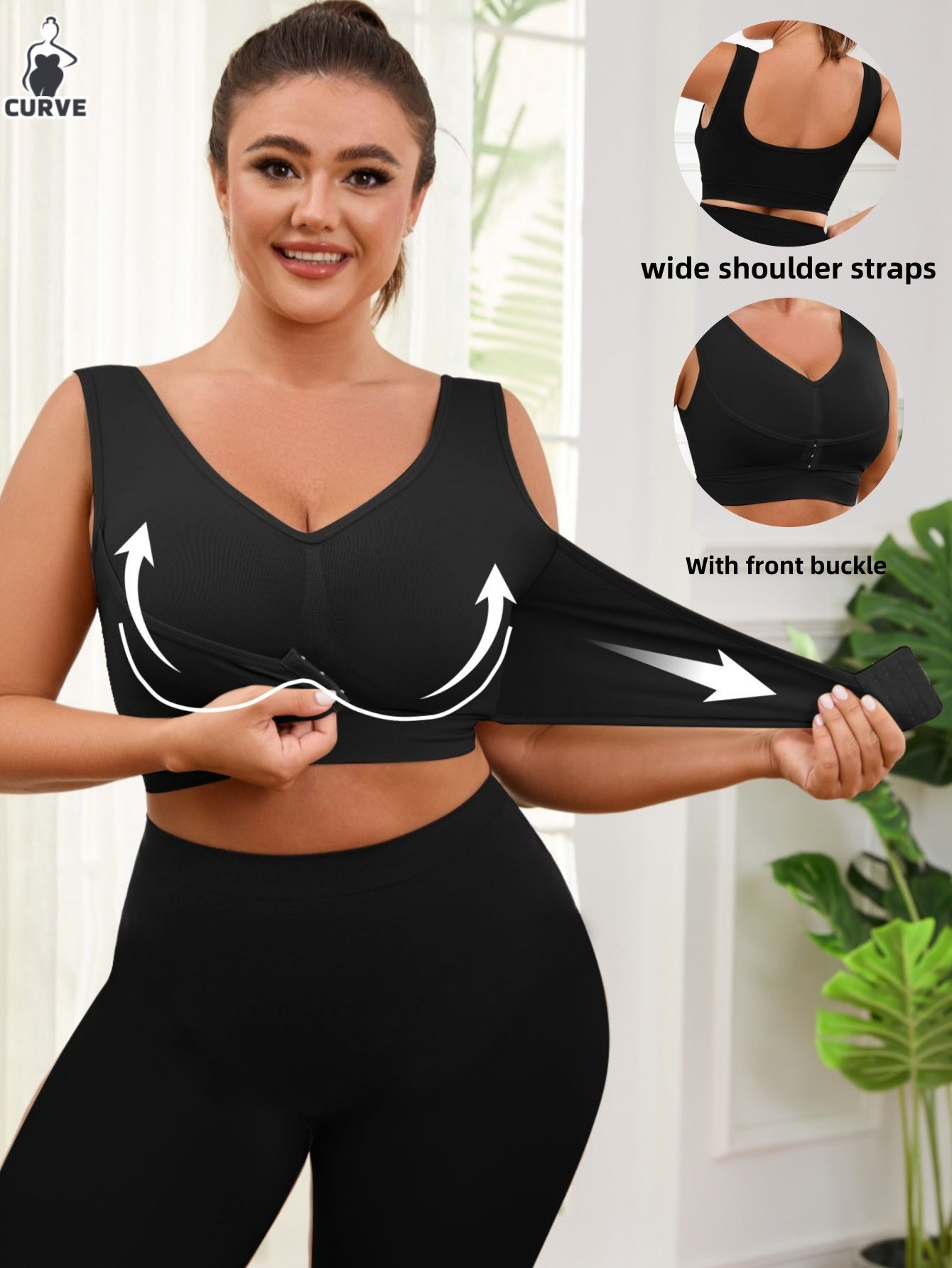 Plus Size Adjustable Seamless Sports Bra Black Breathable V-Neck Gym