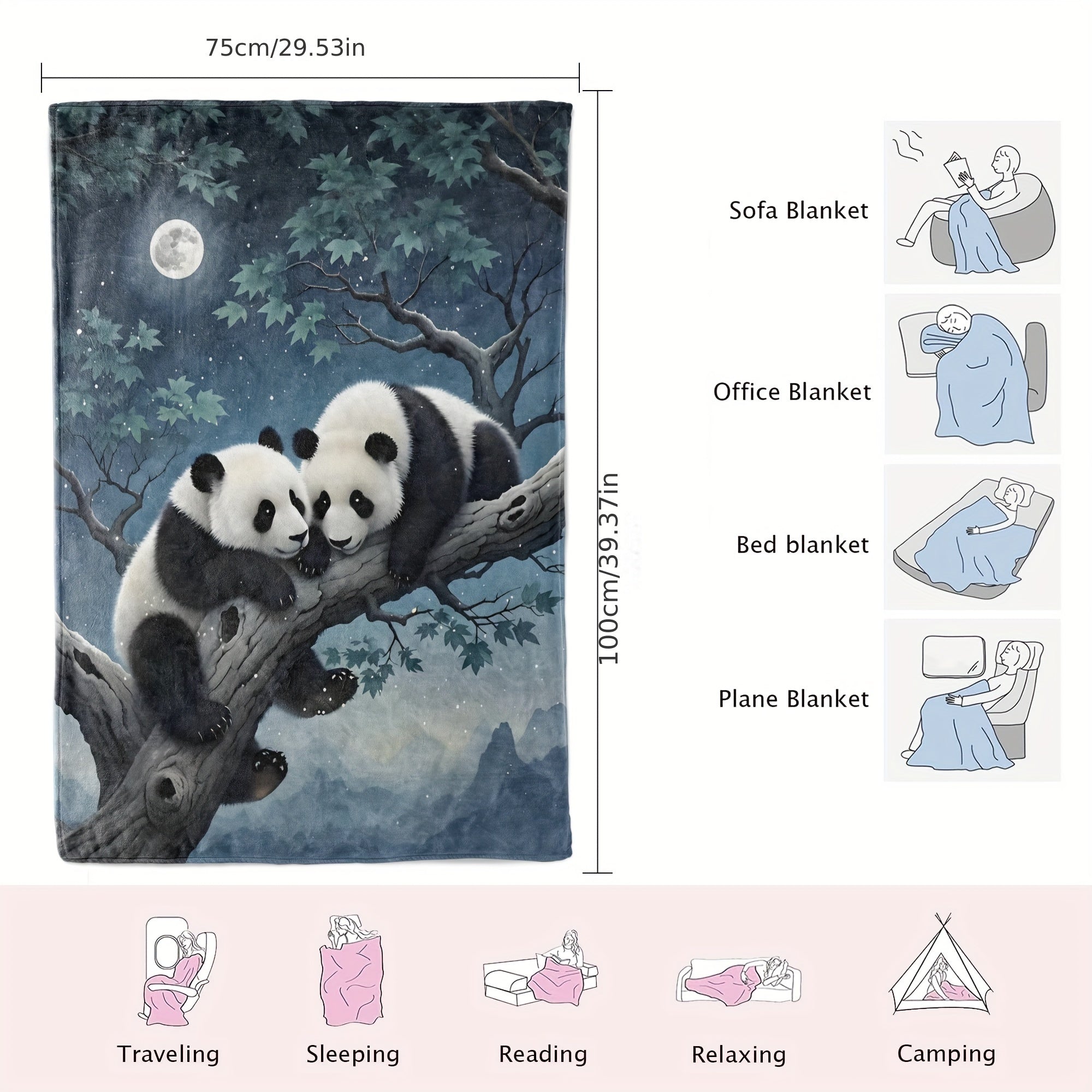 Cozy Panda Print Flannel Throw Blanket 100% Polyester Machine Washable