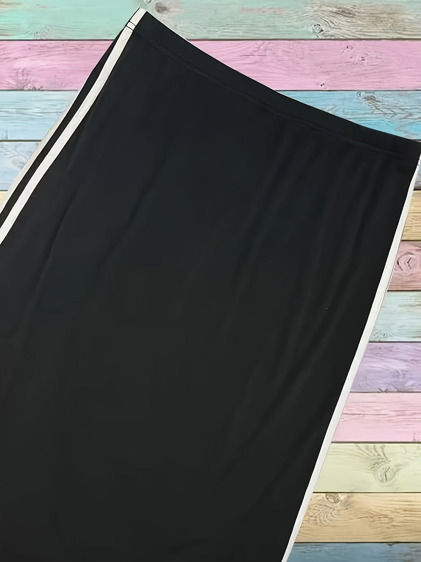 Women's Plus Size Black White Striped High-Waist Midi Skirt Polyester Stretchable