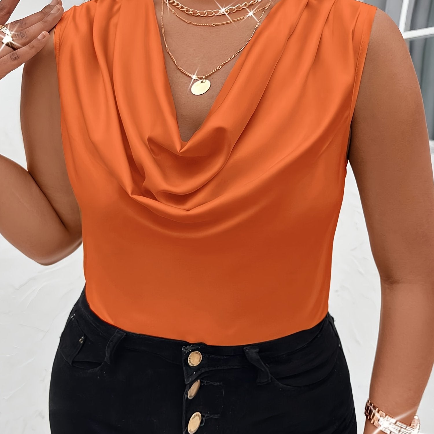 Plus Size Ruched Solid Tank Top Sleeveless Cowl Neck Summer Women's Clothing