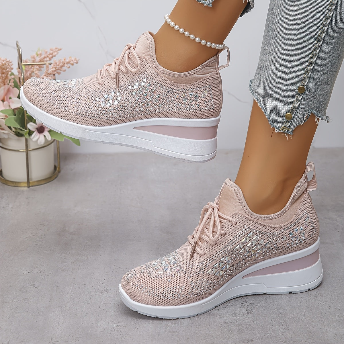 Women's Rhinestone Sneakers Black Casual Low-Top Lace-Up Comfort Footwear