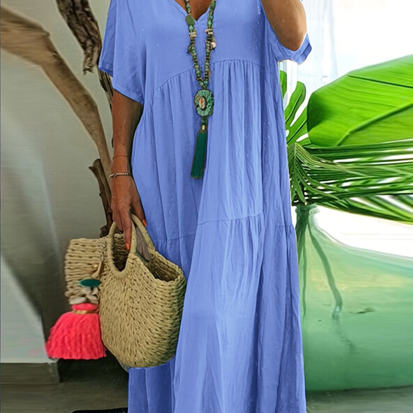 Plus Size Solid Ruched Tiered Dress Short Sleeve V-Neck Summer Loose Fit Women