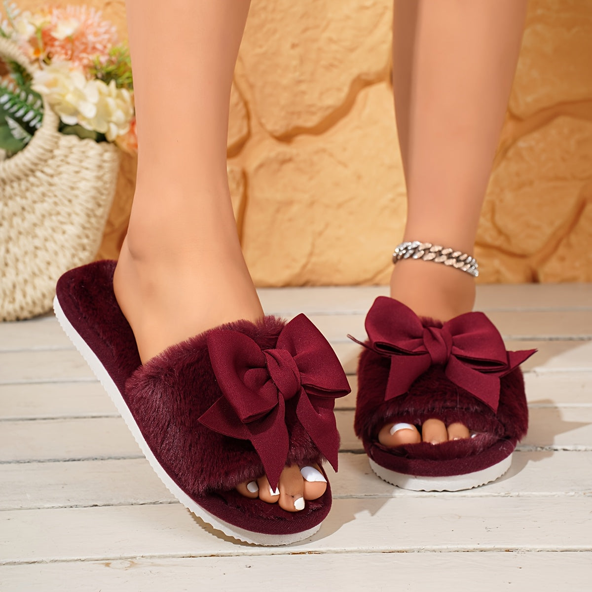 Women's Plush Slip-On House Slippers with Bow, Soft Fabric, All-Season Indoor Comfort