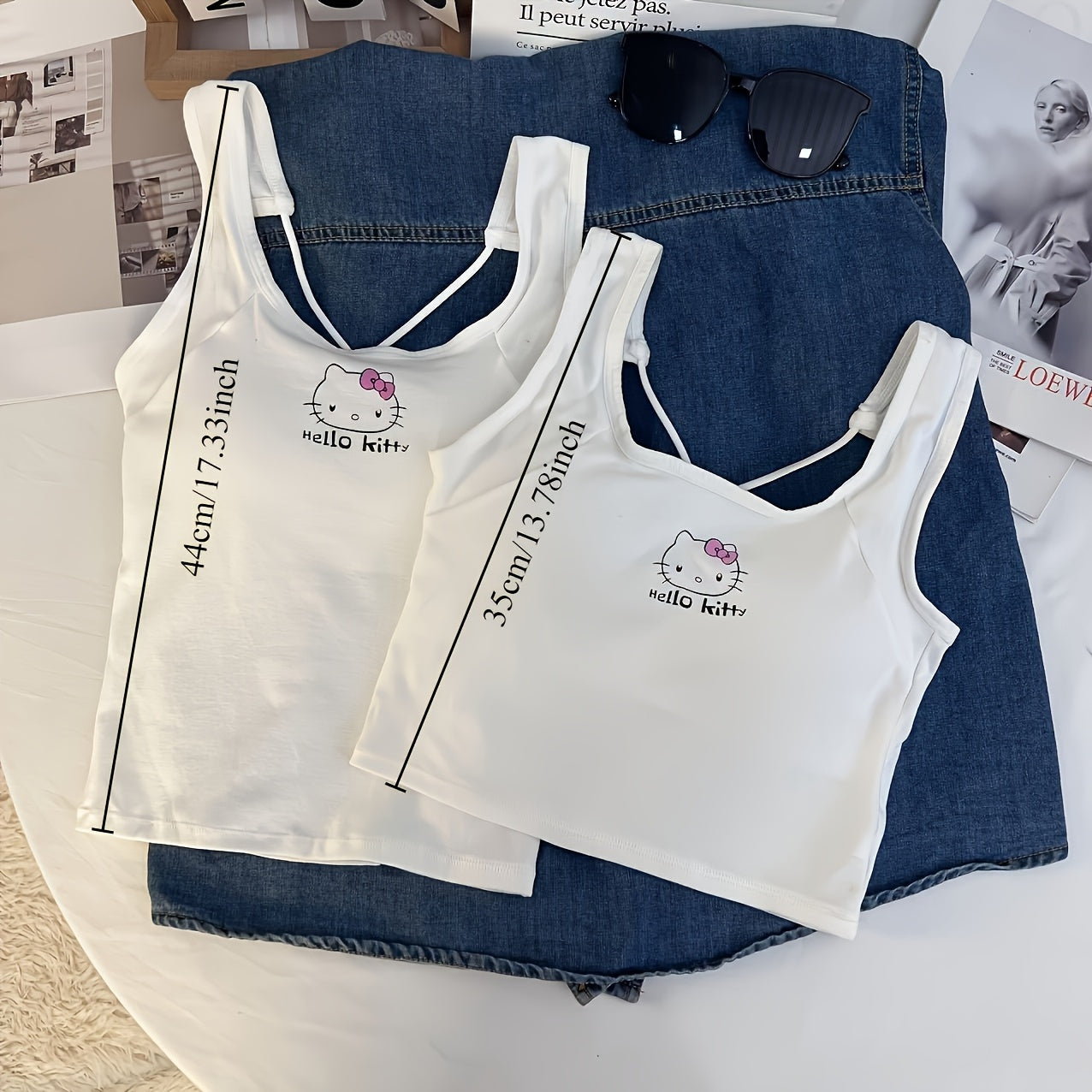 Anime-Themed Cotton Sleeveless Cropped Top for Women White with Pink Hello Kitty Design