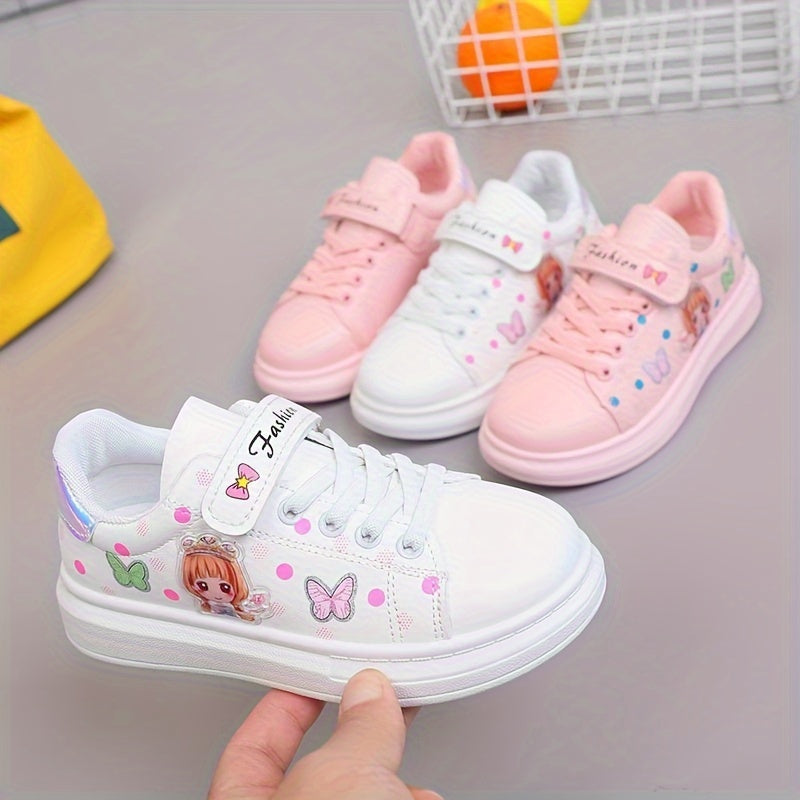 Girls White Cartoon Sneakers Low Top Rubber Sole EVA Insole Casual Spring Autumn