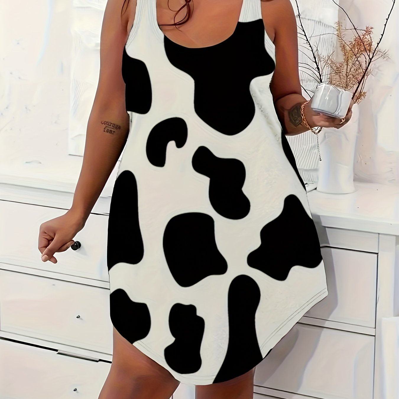 Plus Size Women's Cow Print Sleeveless Nightgown Soft Sleep Dress All-Season Lounge
