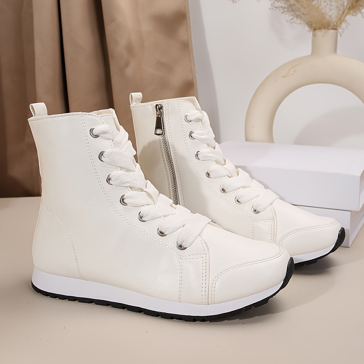 Women's Black White High Top Zipper Short Boots Sneakers