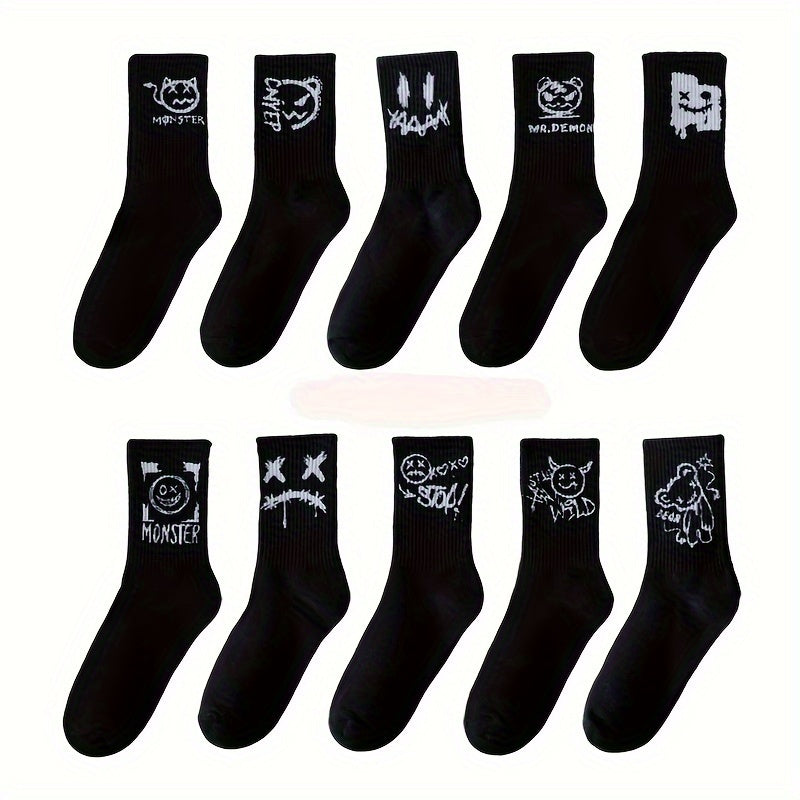 Men's Black and White Graffiti Pattern Crew Socks 5 Pairs Breathable Comfortable All Seasons
