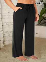 Plus Size Solid Color Pants Casual Drawstring Waist with Pockets Women
