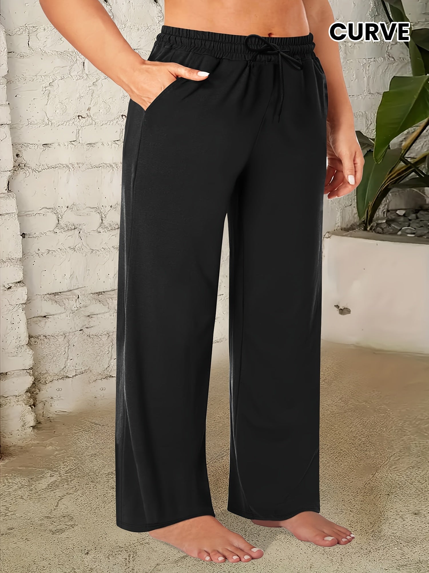 Plus Size Solid Color Pants Casual Drawstring Waist with Pockets Women