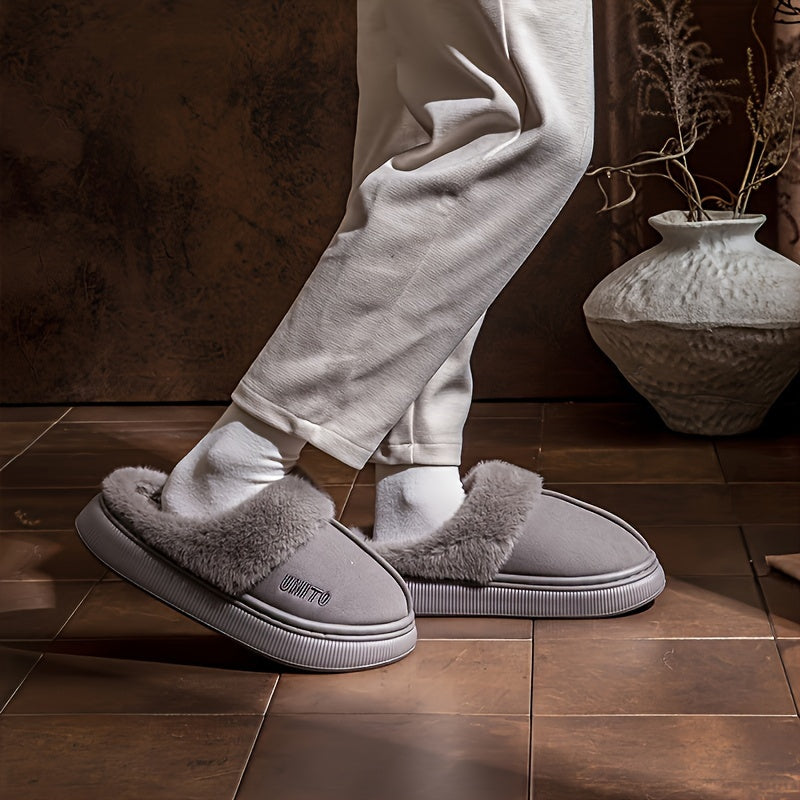Zapatillas de felpa de invierno para hombres y mujeres antideslizantes para uso en interiores, casuales, de tela beige y gris