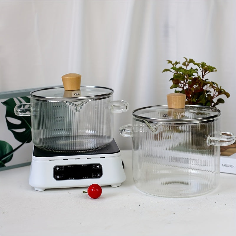 Retro uslubidagi ribbed shisha qozon, katta sig'imli, tekis pastki va issiqqa chidamli borosilikat materialdan - oshxonada sho'rva tayyorlash, sut qaynatish, bolalar ovqatini tayyorlash va makaron pishirish uchun ideal.