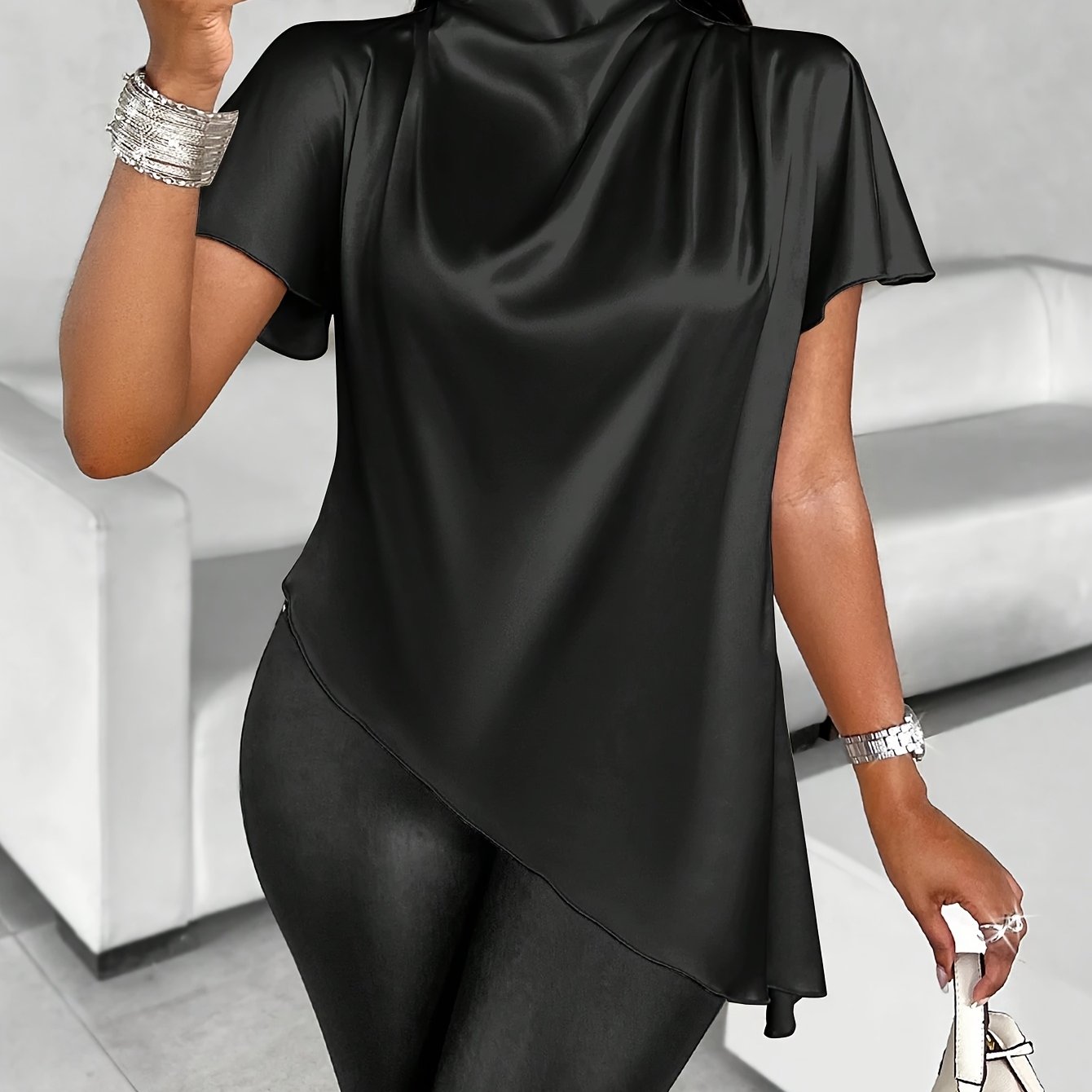 Women's Satin Blouse with Batwing Sleeves, Asymmetrical Hem, Solid Color